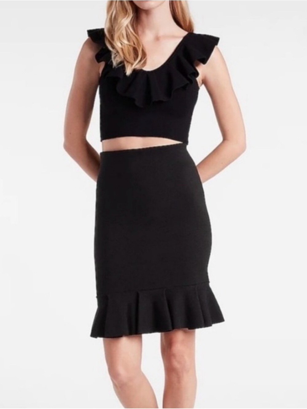 Express Body Contour Black Sweater Pencil Skirt with Ruffle Hem